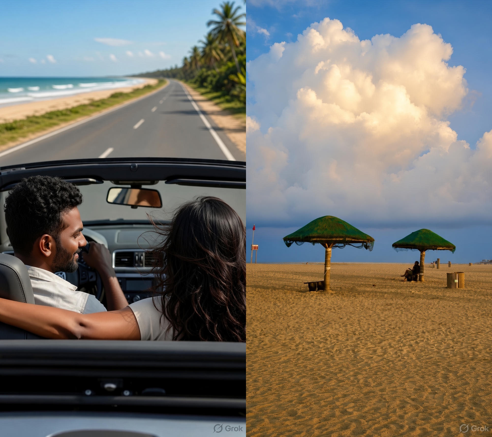 Beautiful Covelong beach and East Coast Road with palm trees and sea