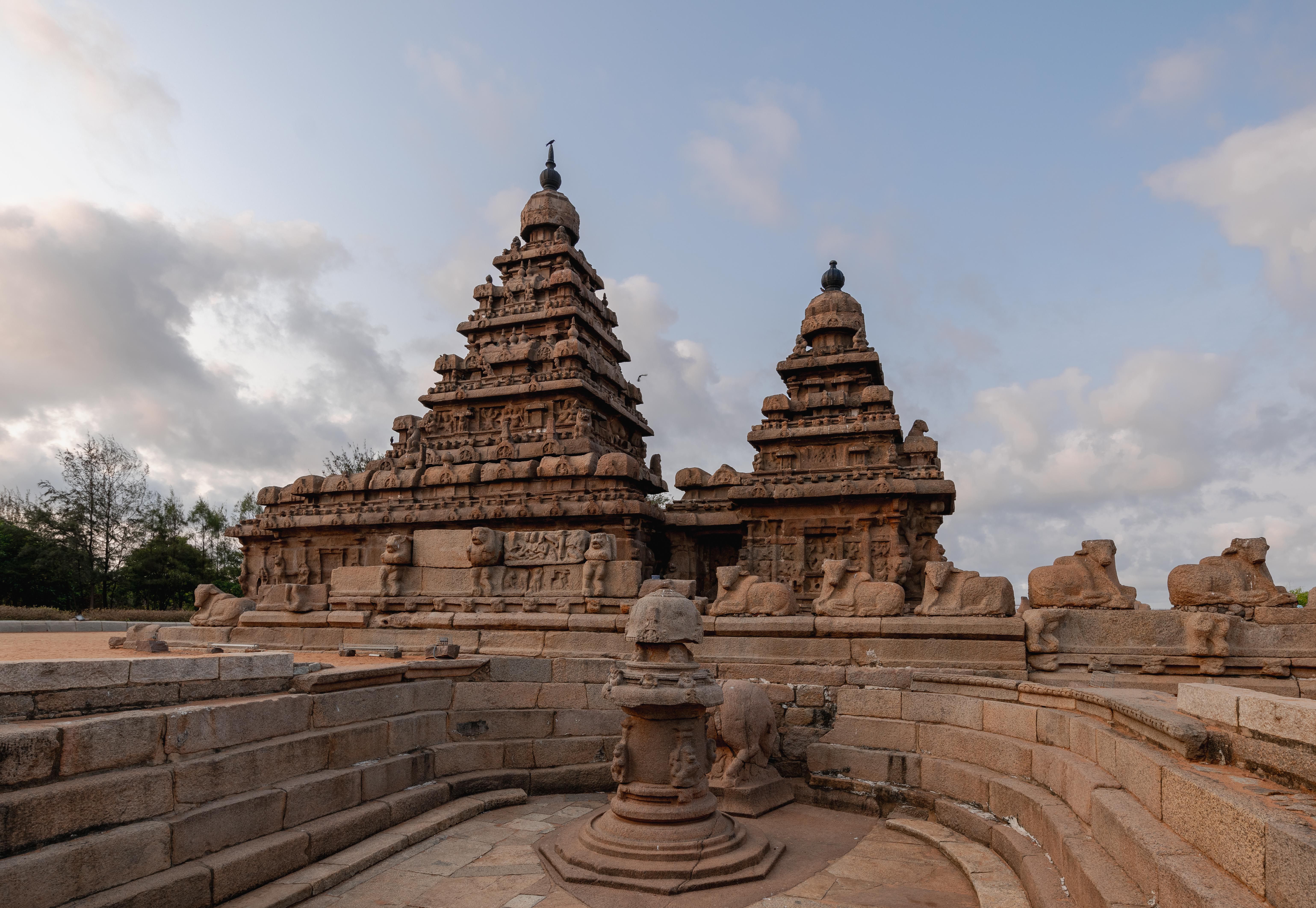Shore Temple at Mahabalipuram during sunset with dramatic sky