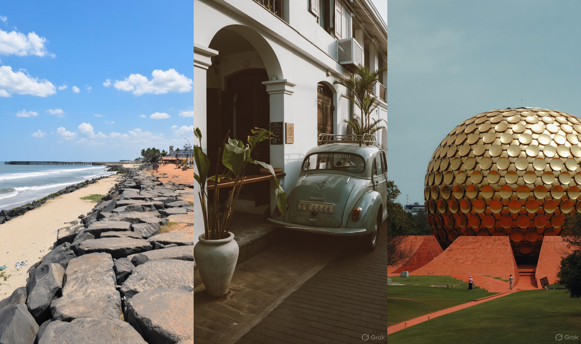 French Quarter colonial buildings and promenade beach in Pondicherry